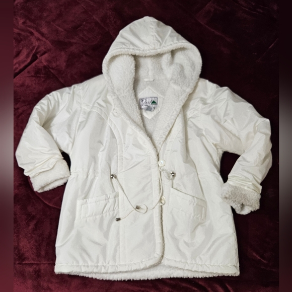 80s Vintage RAINBOW WEST White Puffer Jacket Sherpa Lined Womens L Toggle Button - Picture 1 of 10